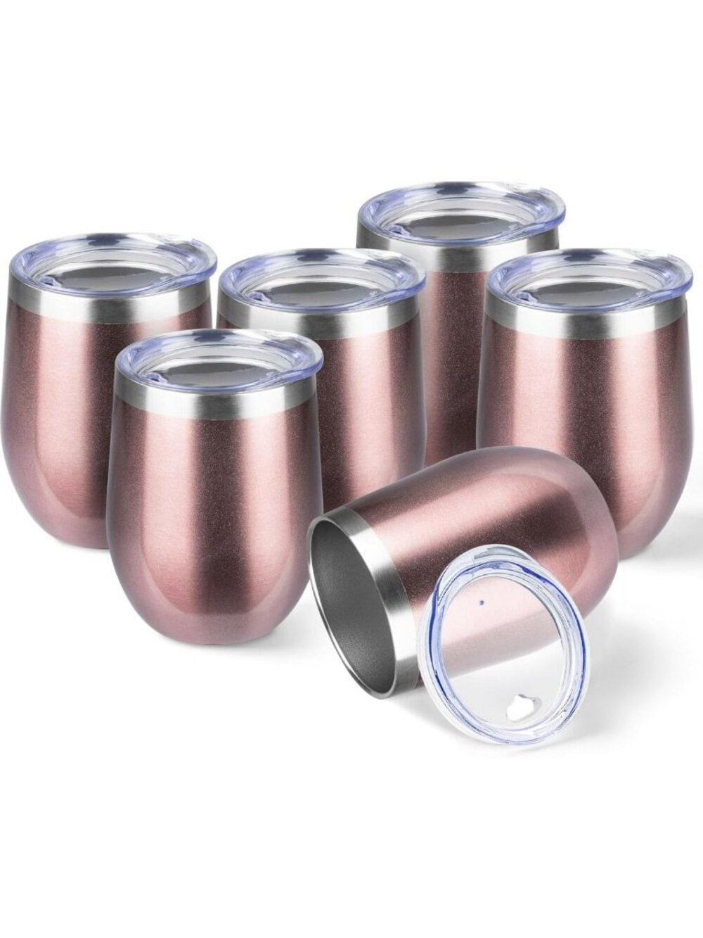 Rose Gold Insulated Wine Tumblers 12oz - Set of 6 with Lids, Perfect for Parties